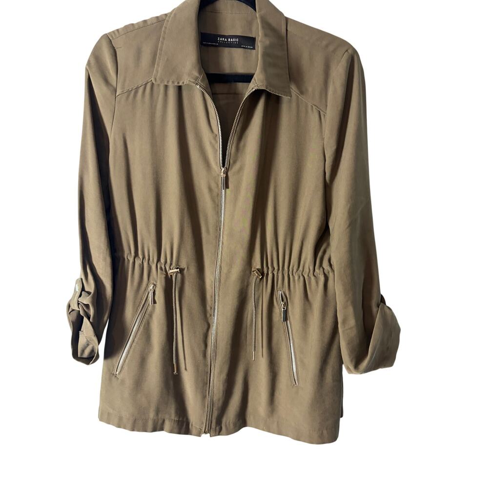 Zara Basic Olive Utility Jacket Medium Zip Front Drawstring Roll‎ Tab Sleeves